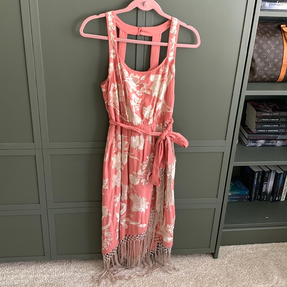 Anthropologie Coral Pink Floral Midi Dress with Fringe